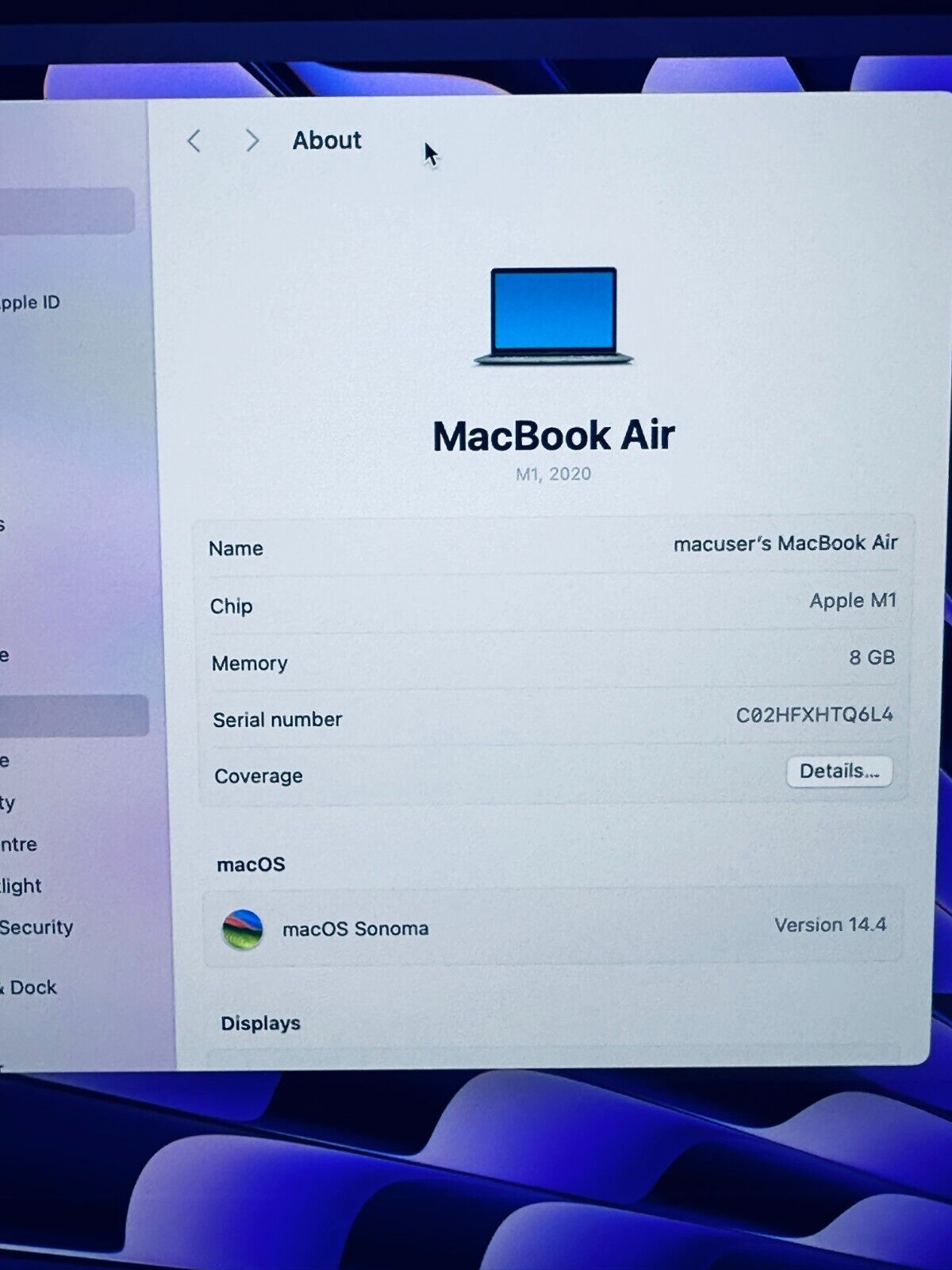 Apple MacBook Air 13" Retina M1 8-Core CPU 7-Core GPU 8GB Ram 256GB SSD Sp Grey