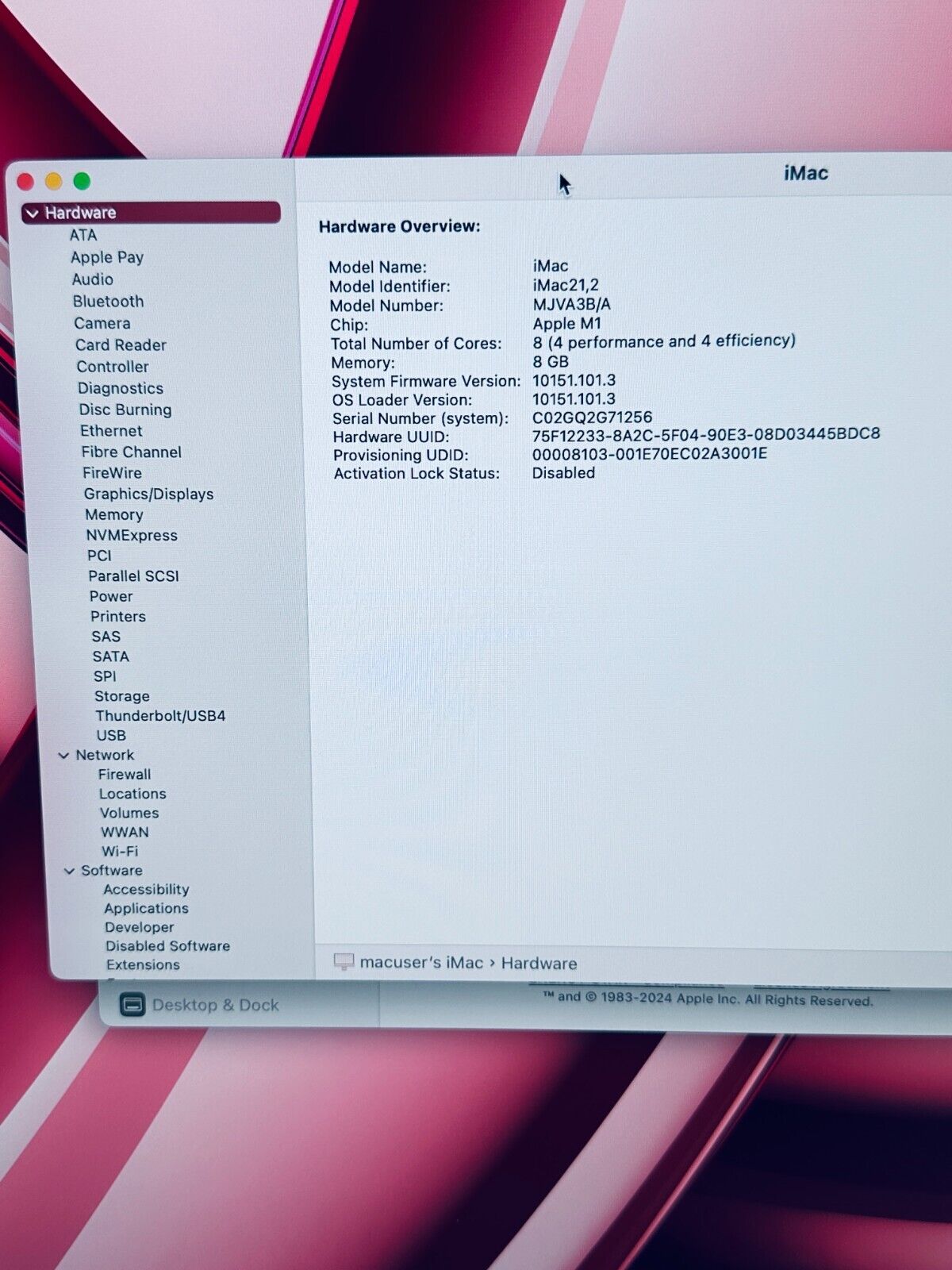Apple iMac 24 4.5K M1 8GB RAM 256GB SSD 8-Core CPU 7‑Core GPU Pink / Red