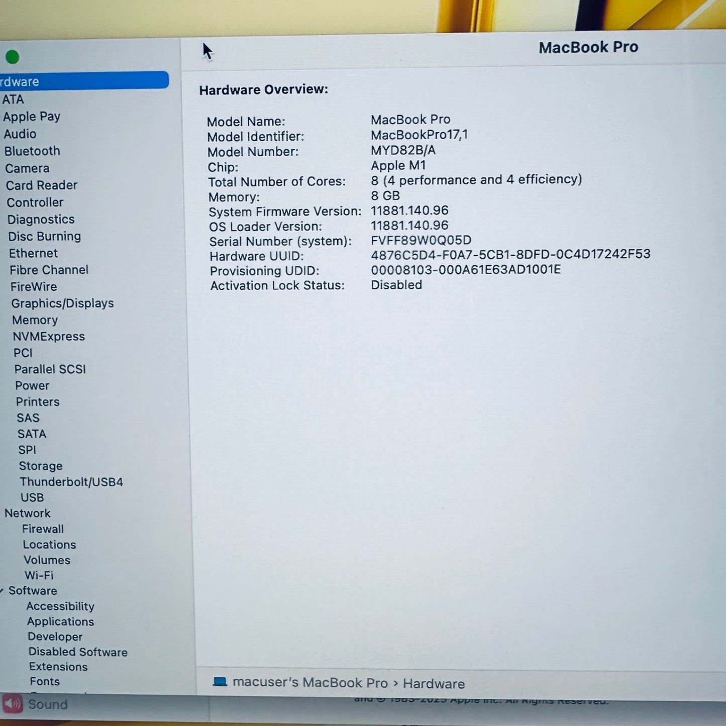 M1 MacBook Pro 13-Inch Touch Bar 8-Core CPU 8-GPU 8GB Ram 256GB SSD In Silver