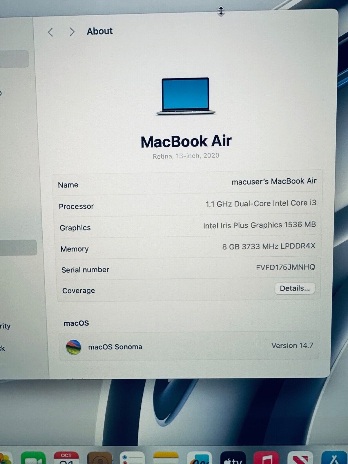 Apple MacBook Air 13-Inch Retina 2020 Intel i3 CPU, 8GB Ram 256GB SSD In Silver