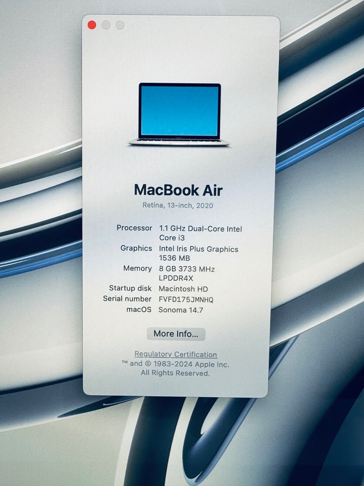 Apple MacBook Air 13-Inch Retina 2020 Intel i3 CPU, 8GB Ram 256GB SSD In Silver