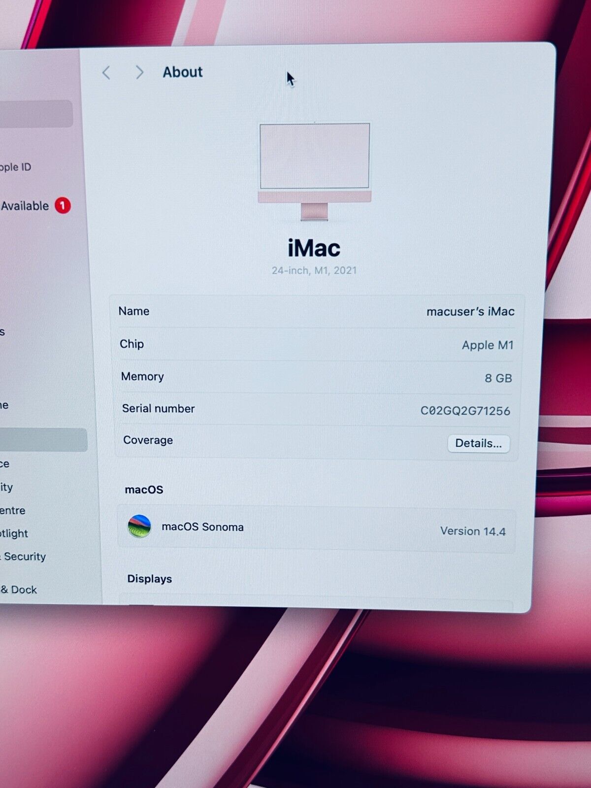 Apple iMac 24 4.5K M1 8GB RAM 256GB SSD 8-Core CPU 7‑Core GPU Pink / Red
