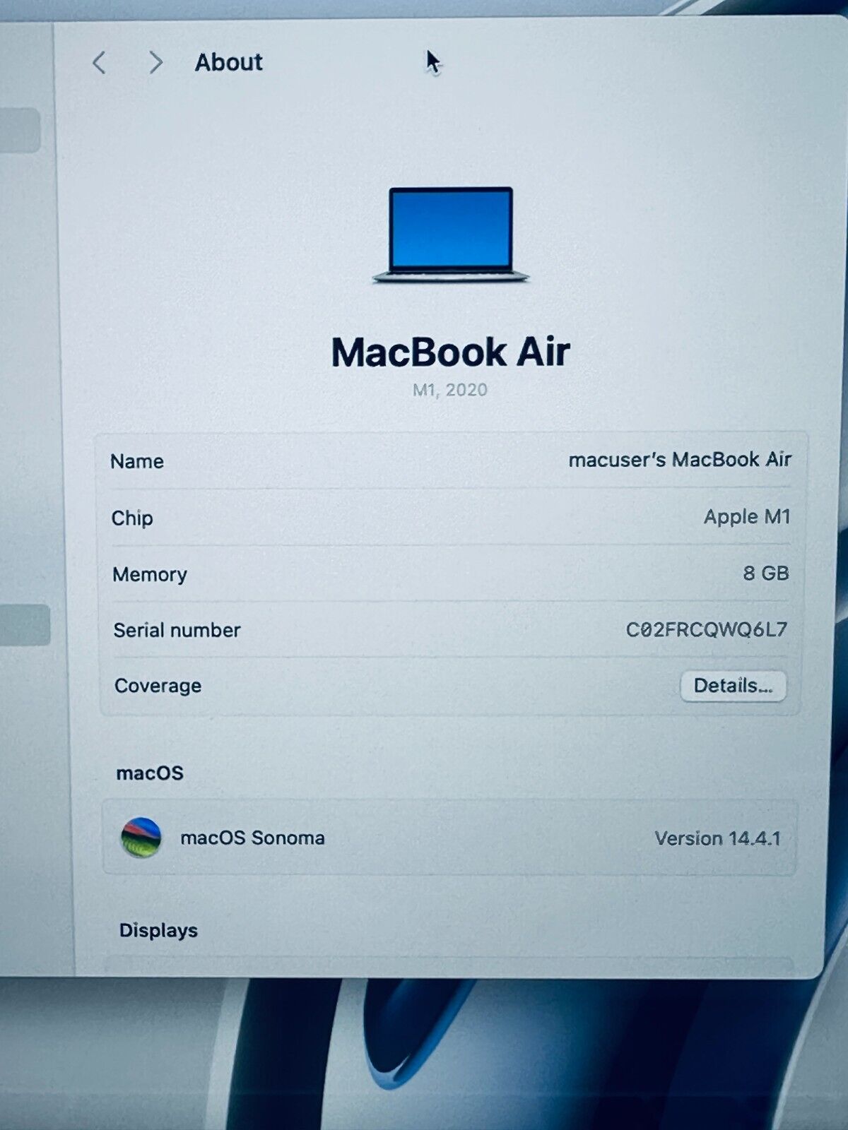 Apple MacBook Air 13" Retina M1 8-Core CPU 7-Core GPU 8GB Ram 256GB SSD Silver