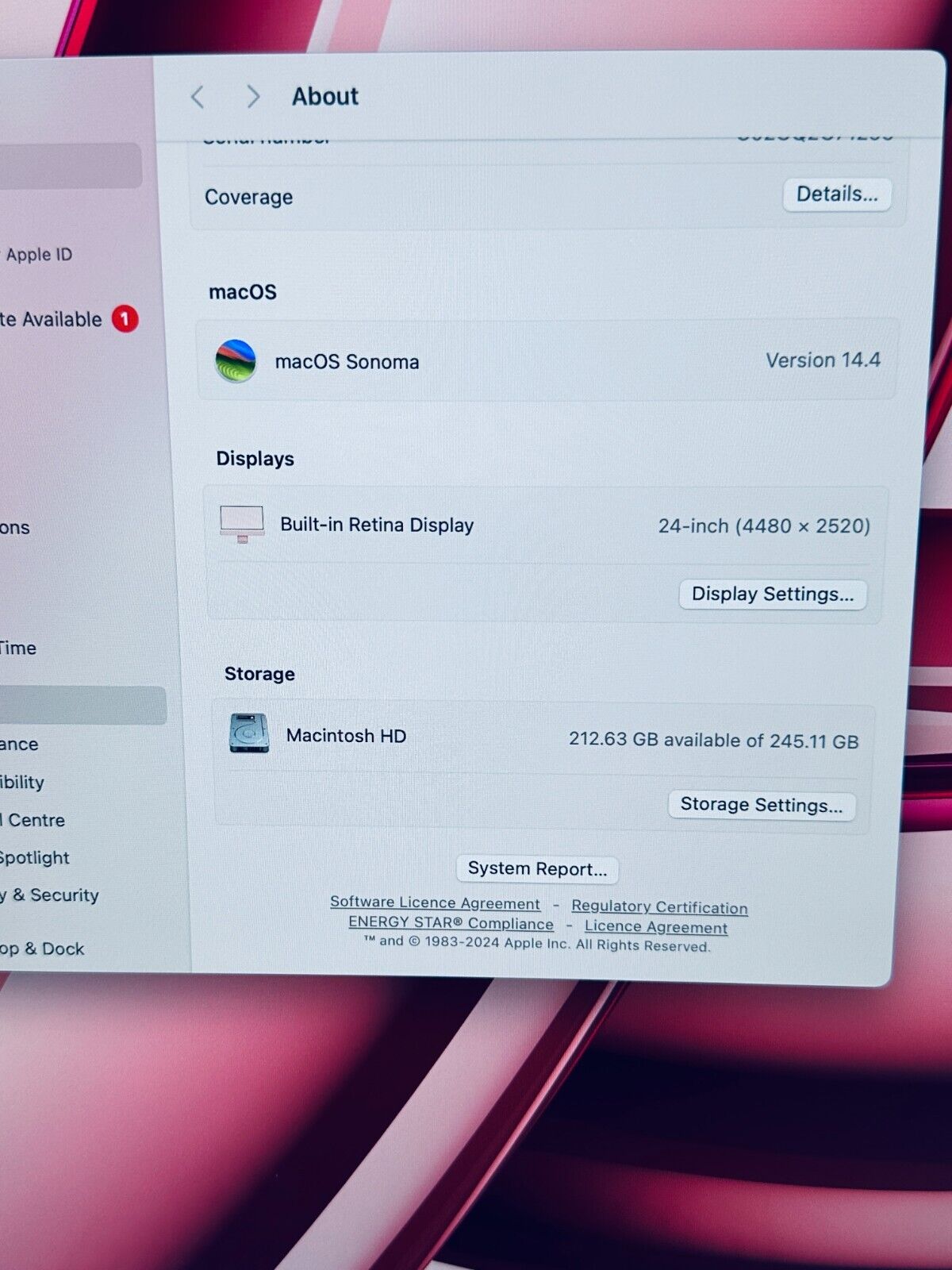Apple iMac 24 4.5K M1 8GB RAM 256GB SSD 8-Core CPU 7‑Core GPU Pink / Red