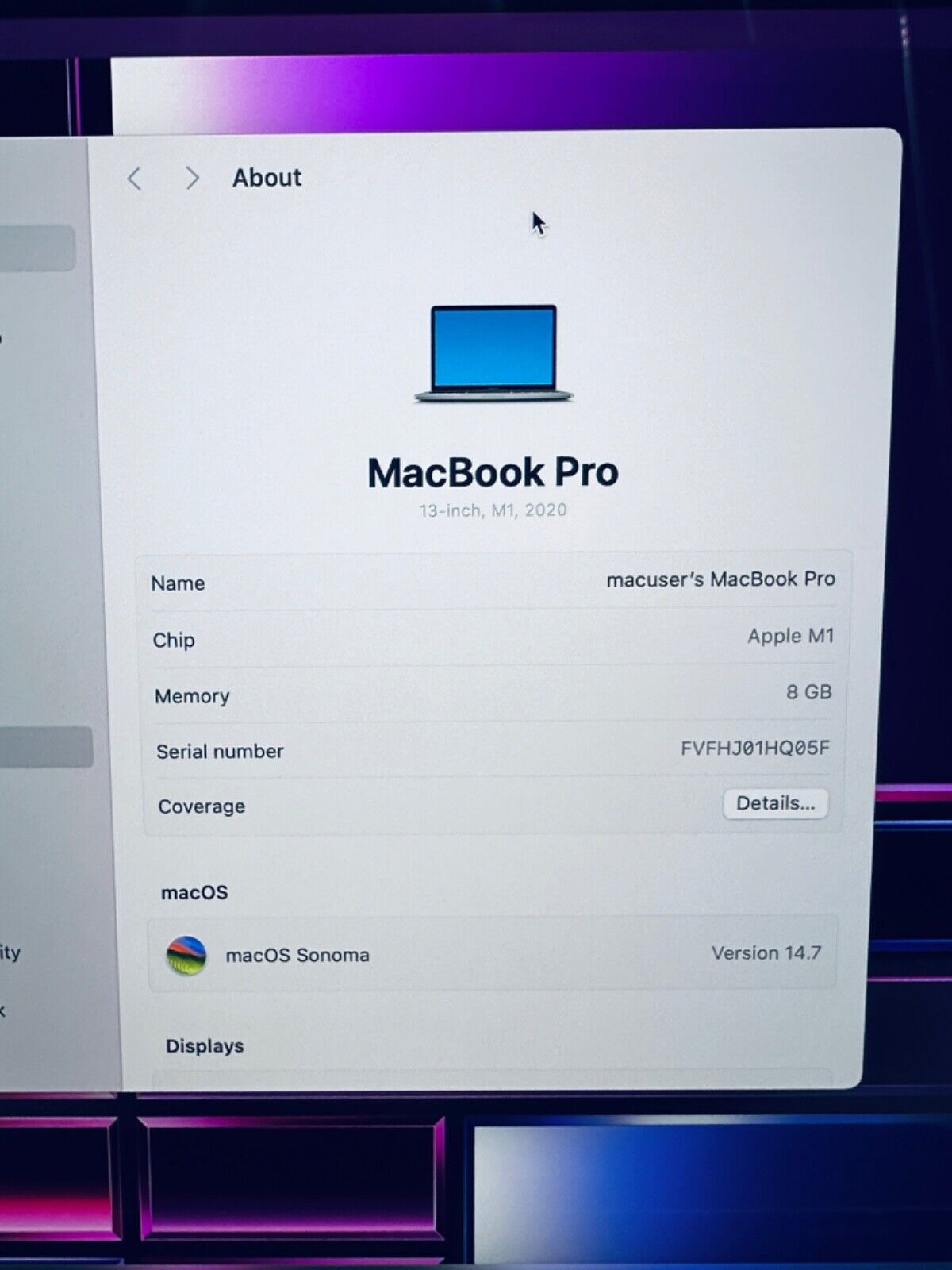 Apple M1 MacBook Pro 13-Inch Touch Bar 8-Core CPU 8-GPU 8GB Ram 512GB SSD Grey