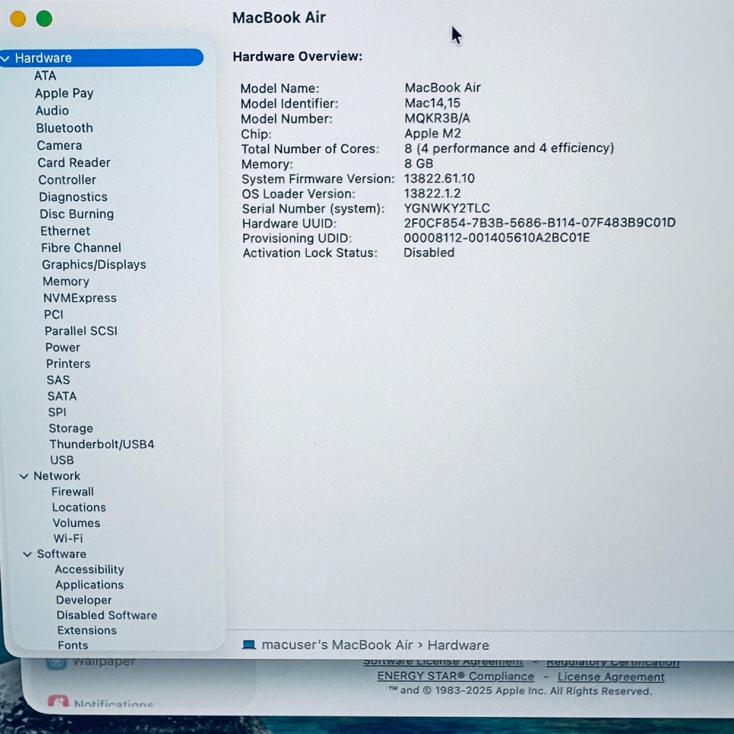 MacBook Air 15-Inch M2 8-Core CPU 10-Core GPU 8GB 256GB Silver 12M Warranty