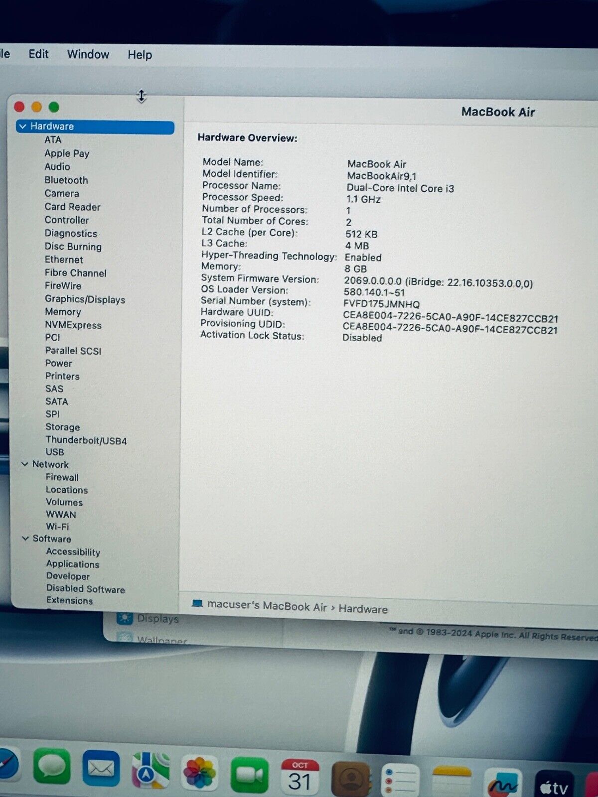 Apple MacBook Air 13-Inch Retina 2020 Intel i3 CPU, 8GB Ram 256GB SSD In Silver