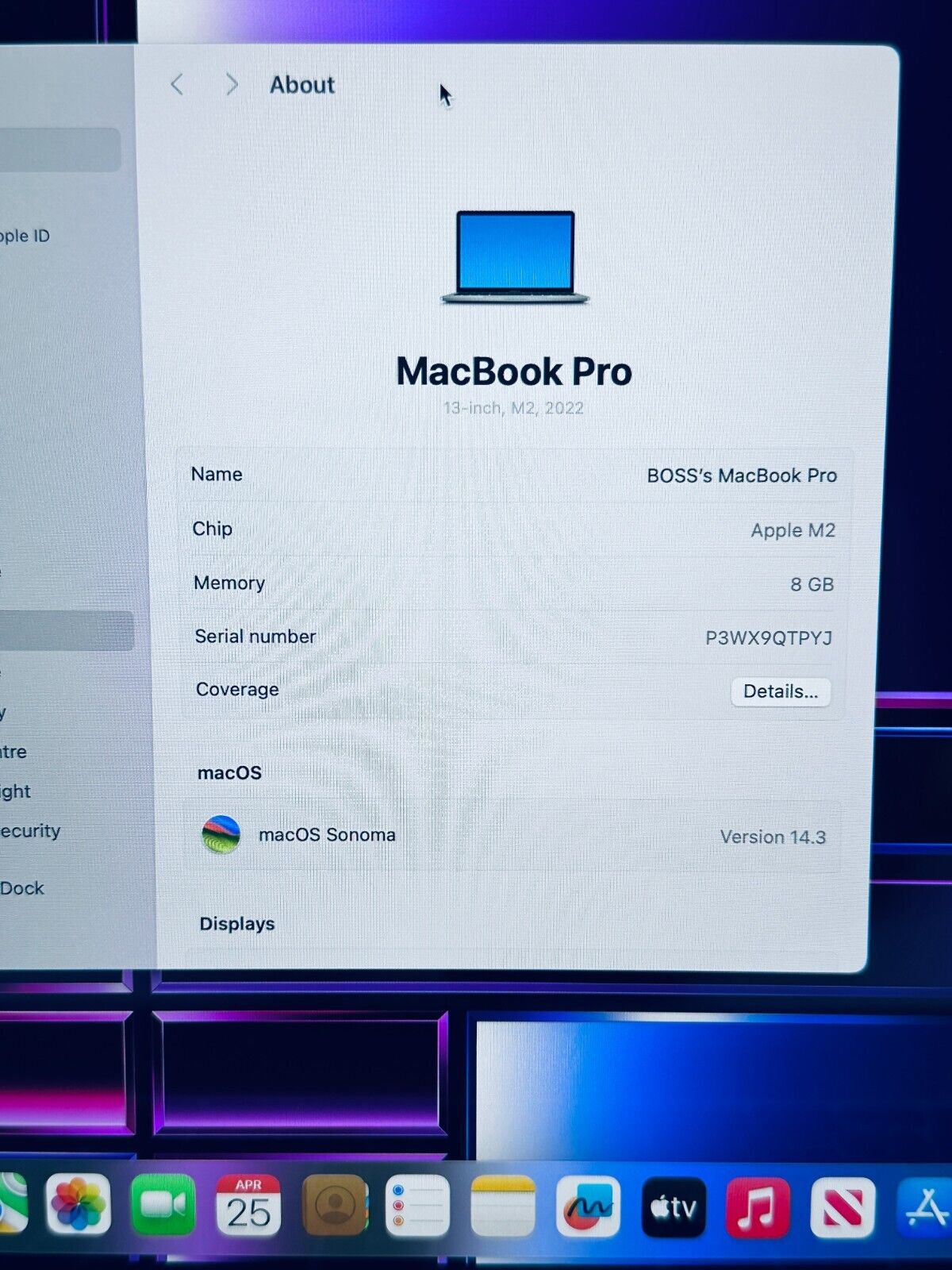 Apple MacBook Pro 13 M2 Touch Bar 8-Core CPU 10-GPU 8GB Ram 256GB SSD Space Grey
